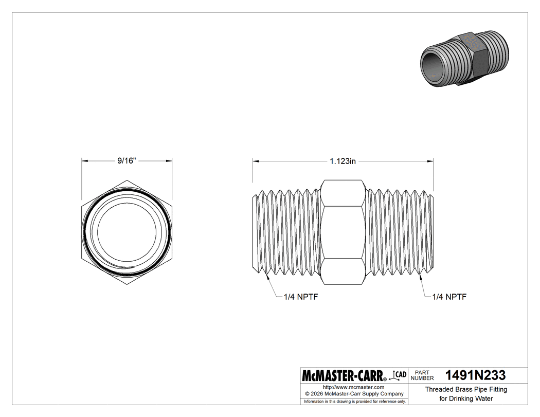 Technical Drawing of Threaded Brass Pipe Fitting for Drinking Water, High-Pressure, Straight Connector, 1/4 NPTF Male.